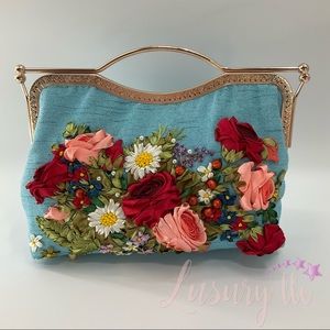 Unique Stylish Ribbon Embroidered Handbag Satchel w Faux Pearl, Canvas, Blue Red